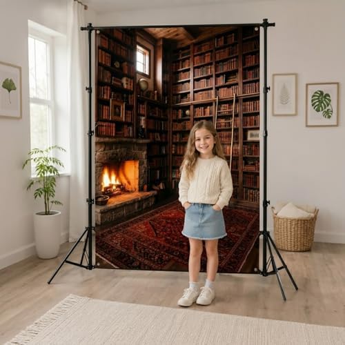 5x7Ft Cozy Fireplace Library Backdrop Vintage Bookshelf Poster in 5x7Ft, alternate view 5
