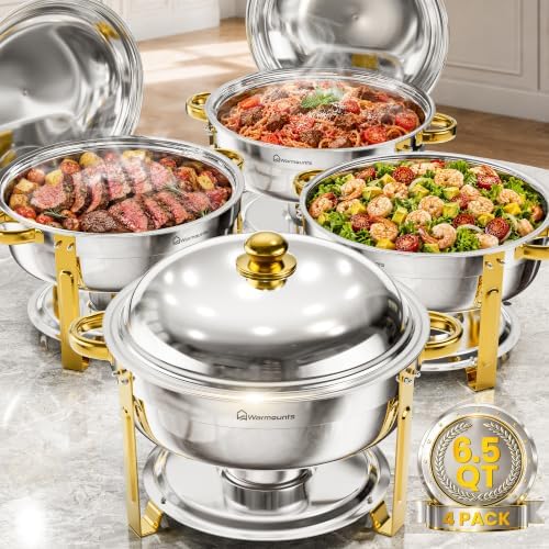 6.5QT Chafing Dishes for Buffet, 4 Pack Round Gold Buffet Display Set in Gold-tone & Silver