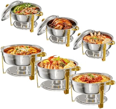 6.5QT Chafing Dishes for Buffet, 6 Pack Round Gold Buffet Display Set in Gold-tone & Silver