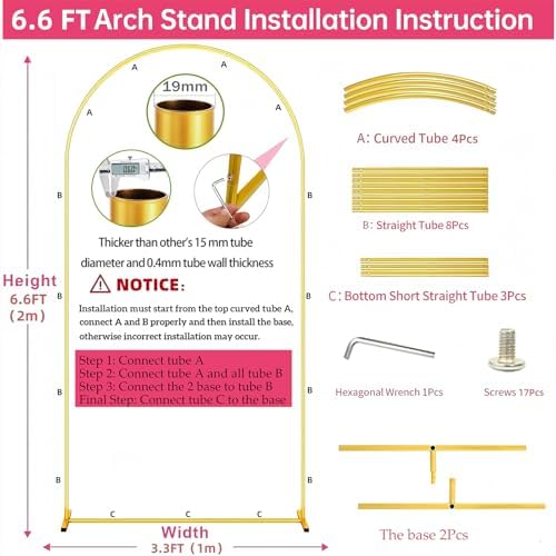 6.6FT Metal Arch Backdrop Stand Gold Wedding Balloon Frame Pergola Arbor, alternate view 3