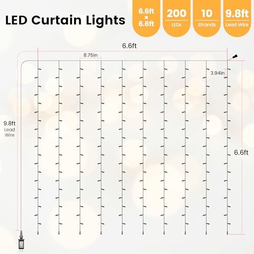 6.6FT x 6.6FT Warm White Curtain Lights Plug in, 200 LED, alternate view 7