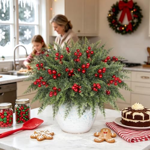 6 Bundles Artificial Christmas Flowers, Norfolk Pine & Red Berry Stems in Green, alternate view 2