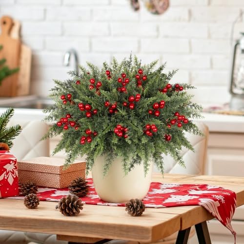 6 Bundles Artificial Christmas Flowers, Norfolk Pine & Red Berry Stems in Green, alternate view 4