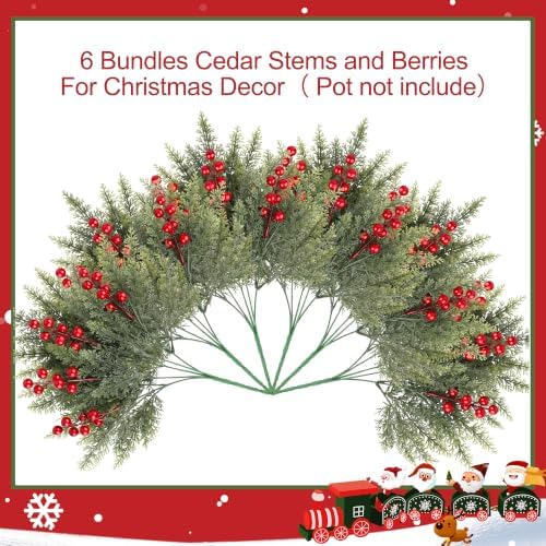 6 Bundles Artificial Christmas Flowers, Norfolk Pine & Red Berry Stems in Green, alternate view 5