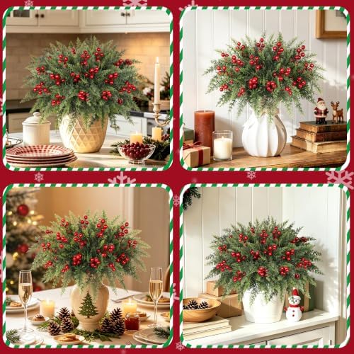 6 Bundles Artificial Christmas Flowers, Norfolk Pine & Red Berry Stems in Green, alternate view 6