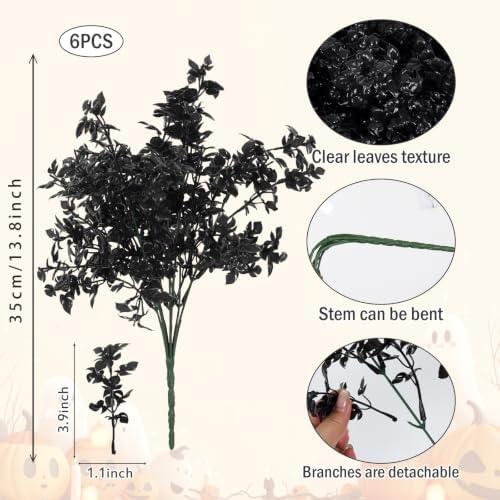 6 Bundles Black Artificial Monstera Leaves Bushes for Halloween, alternate view 3
