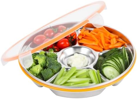 6-Compartment Stainless Steel Serving Tray with Lid - 10-inch Divided Snack/Vegetable/Fruit Tray for Christmas