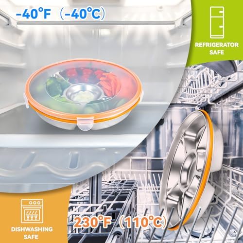6-Compartment Stainless Steel Serving Tray with Lid - 10-inch Divided Snack/Vegetable/Fruit Tray for Christmas, alternate