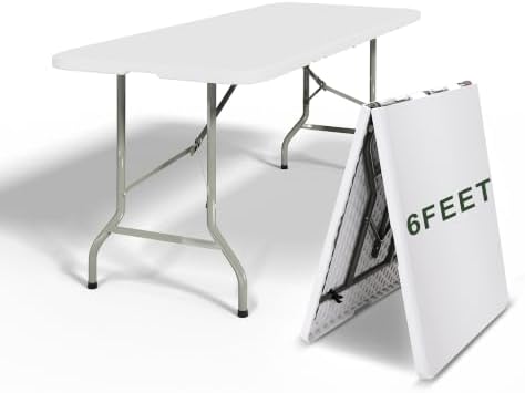 6 Feet Foldable Table with Built-in Handle and Steel Legs, Heavy Duty Folding Portable Table for Party Dining