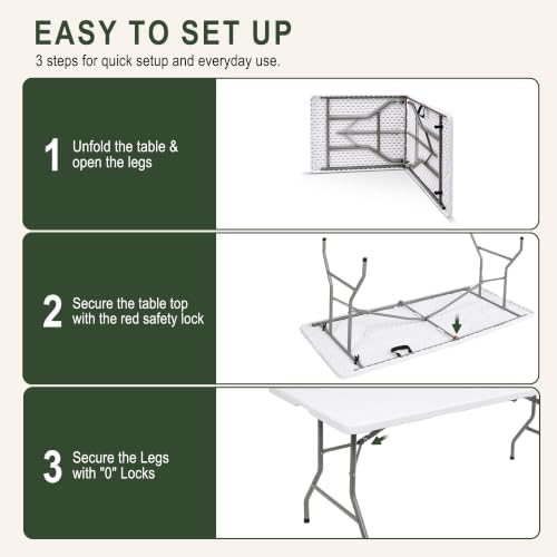 6 Feet Foldable Table with Built-in Handle and Steel Legs, Heavy Duty Folding Portable Table for Party Dining, alternate view