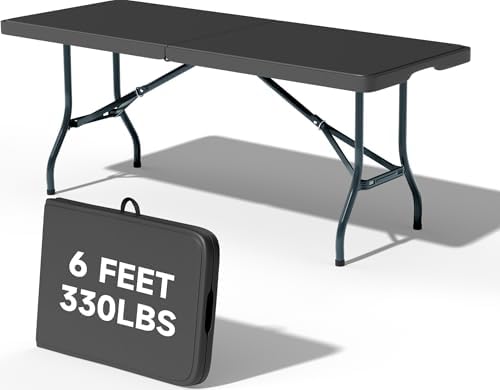 6 Foot Folding Table Black, Sturdy 330LBS Capacity, Reinforced Steel Legs, Foldable with Safety Lock, Portable