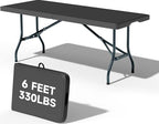6 Foot Folding Table Black, Sturdy 330LBS Capacity, Reinforced Steel Legs, Foldable with Safety Lock, Portable