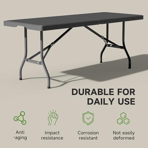6 Foot Folding Table Black, Sturdy 330LBS Capacity, Reinforced Steel Legs, Foldable with Safety Lock, Portable, alternate