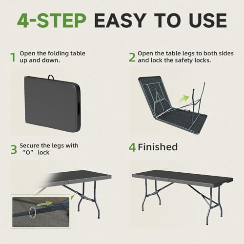 6 Foot Folding Table Black, Sturdy 330LBS Capacity, Reinforced Steel Legs, Foldable with Safety Lock, Portable, alternate