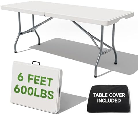 6 Foot Folding Table with Black Table Cloth - Heavy Duty 600LBS Capacity, Foldable Design with Safety Lock
