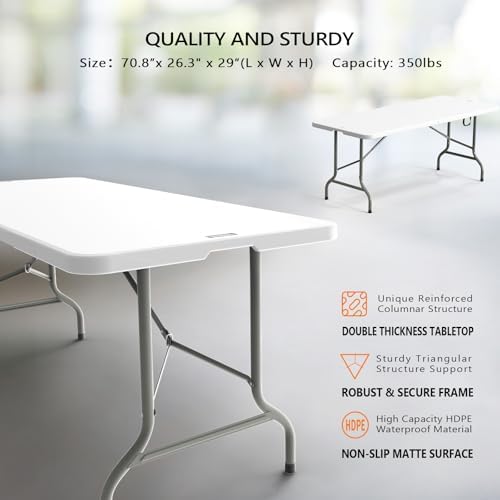 6-Foot Portable Plastic Folding Table, Rectangular HDPE Tabletop Foling Table for Indoor and Outdoor Use with, alternate view