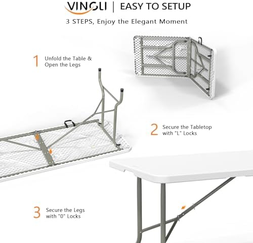 6-Foot Portable Plastic Folding Table, Rectangular HDPE Tabletop Foling Table for Indoor and Outdoor Use with, alternate view