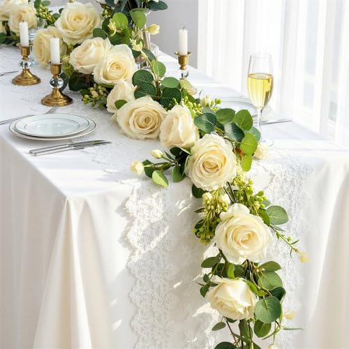 6 FT Artificial Eucalyptus Flower Garland, 8 Champagne Roses, 1 pcs