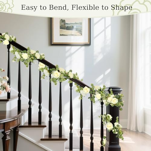 6 FT Artificial Eucalyptus Flower Garland, 8 Champagne Roses, 1 pcs, alternate view 6
