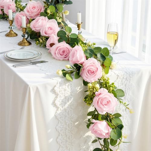 6 FT Artificial Eucalyptus Garland with Flowers, 8 Pink Roses, 1pcs