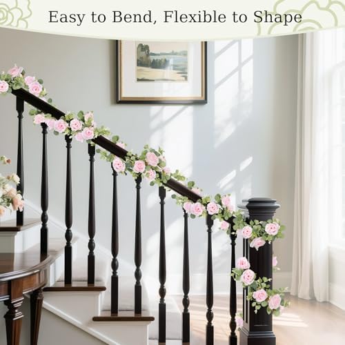 6 FT Artificial Eucalyptus Garland with Flowers, 8 Pink Roses, 1pcs, alternate view 6