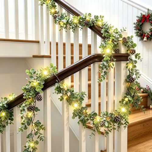 6 FT Christmas Eucalyptus Garland with Lights, 3 Pack Artificial Greenery Garland with 20 Warm LED Lights with