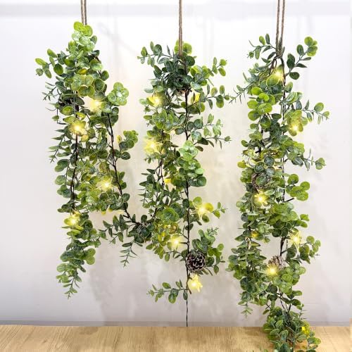 6 FT Christmas Eucalyptus Garland with Lights, 3 Pack Artificial Greenery Garland with 20 Warm LED Lights with, alternate