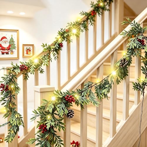 6 FT Christmas Garland with Lights, 2 Pack Artificial Cypress Evergreen Garland with 20 LED Lights, Red Berries