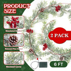 6 FT Christmas Garland with Lights, 2 Pack Artificial Cypress Evergreen Garland with 20 LED Lights, Red Berries, alternate