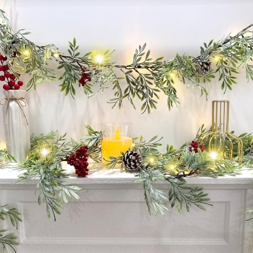 6 FT Christmas Garland with Lights, 2 Pack Artificial Cypress Evergreen Garland with 20 LED Lights, Red Berries, alternate