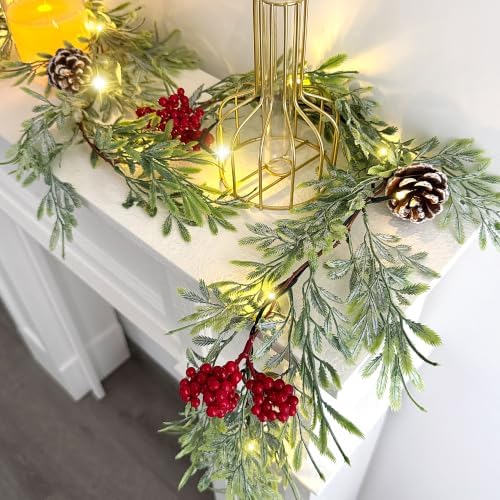 6 FT Christmas Garland with Lights, 2 Pack Artificial Cypress Evergreen Garland with 20 LED Lights, Red Berries, alternate