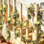 6 FT Christmas Garland with Lights, 3 Pack Artificial Cypress Evergreen Garland with 20 LED Lights, Red Berries