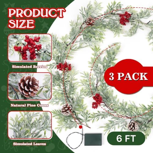 6 FT Christmas Garland with Lights, 3 Pack Artificial Cypress Evergreen Garland with 20 LED Lights, Red Berries, alternate