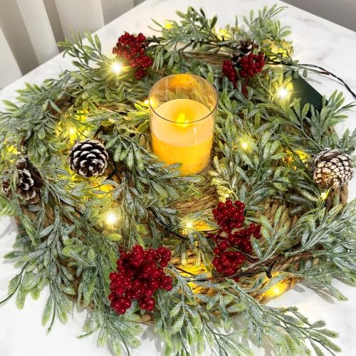 6 FT Christmas Garland with Lights, 3 Pack Artificial Cypress Evergreen Garland with 20 LED Lights, Red Berries, alternate