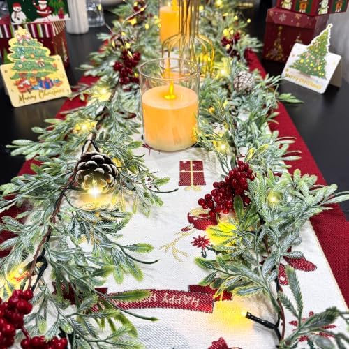 6 FT Christmas Garland with Lights, 3 Pack Artificial Cypress Evergreen Garland with 20 LED Lights, Red Berries, alternate