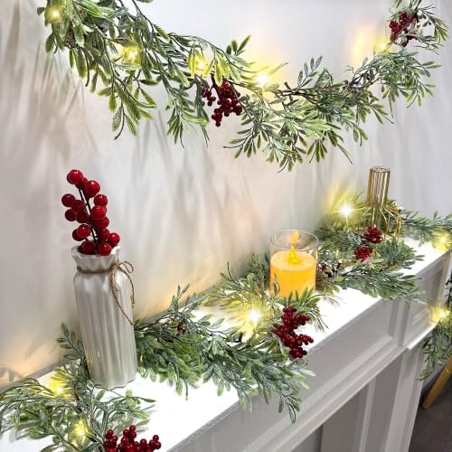 6 FT Christmas Garland with Lights, 3 Pack Artificial Cypress Evergreen Garland with 20 LED Lights, Red Berries, alternate