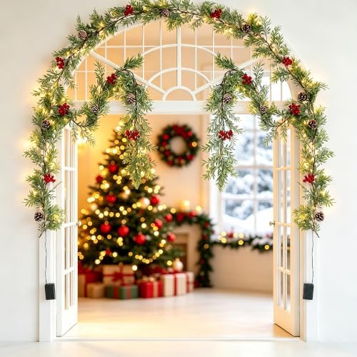 6 FT Christmas Garland with Lights, 3 Pack Artificial Cypress Evergreen Garland with 20 LED Lights, Red Berries, alternate