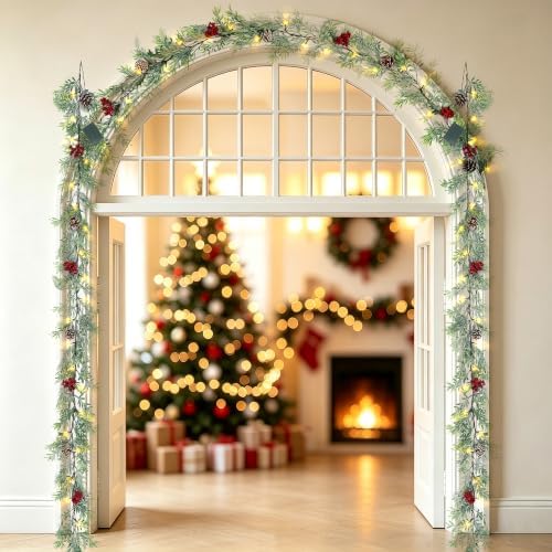 6 FT Christmas Garland with Lights, 3 Pack Artificial Cypress Evergreen Garland with 20 LED Lights, Red Berries, alternate