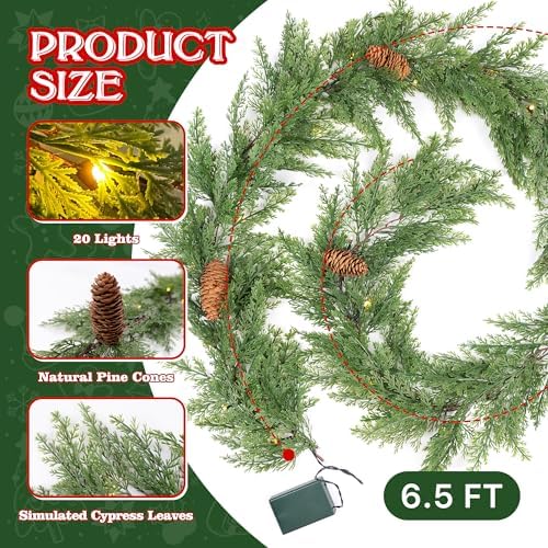 6 FT Christmas Garland with Lights, Battery Operated Pre-Lit Pine Cone Greenery, 20 Warm LEDs Artificial Xmas, alternate view