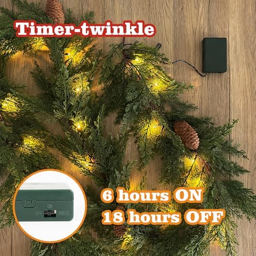 6 FT Christmas Garland with Lights, Battery Operated Pre-Lit Pine Cone Greenery, 20 Warm LEDs Artificial Xmas, alternate view
