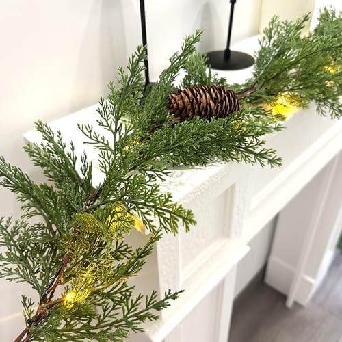 6 FT Christmas Garland with Lights, Battery Operated Pre-Lit Pine Cone Greenery, 20 Warm LEDs Artificial Xmas, alternate view