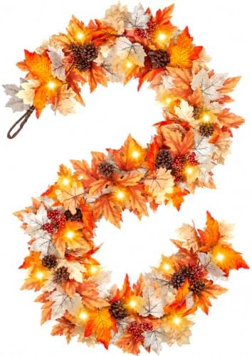 6 FT Fall Garland with Lights Fall Thanksgiving Decorations for Home, Lighted Maple Leaf Vine Garland with