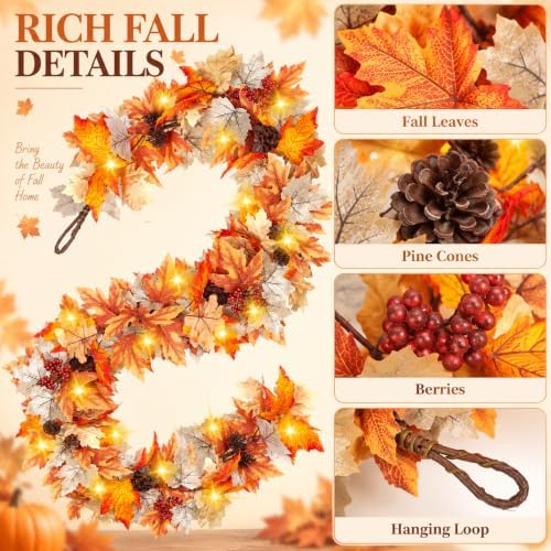 6 FT Fall Garland with Lights Fall Thanksgiving Decorations for Home, Lighted Maple Leaf Vine Garland with, alternate view 2