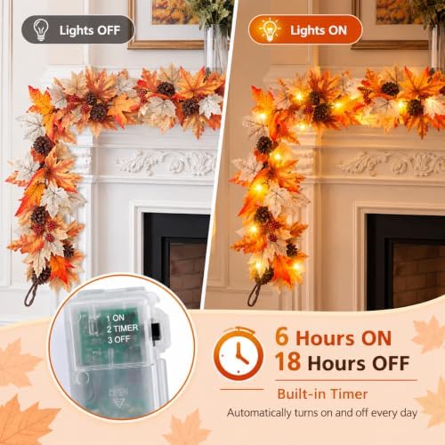 6 FT Fall Garland with Lights Fall Thanksgiving Decorations for Home, Lighted Maple Leaf Vine Garland with, alternate view 3