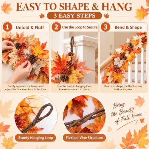 6 FT Fall Garland with Lights Fall Thanksgiving Decorations for Home, Lighted Maple Leaf Vine Garland with, alternate view 4