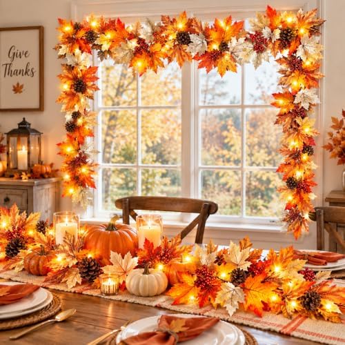 6 FT Fall Garland with Lights Fall Thanksgiving Decorations for Home, Lighted Maple Leaf Vine Garland with, alternate view 6