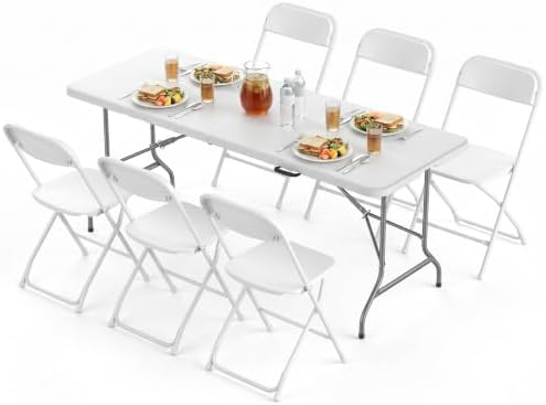 6 FT Folding Picnic Table, with 6 White Folding Chairs