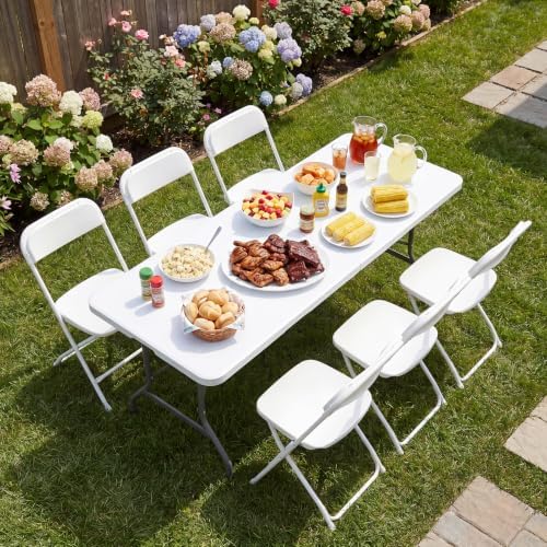 6 FT Folding Picnic Table, with 6 White Folding Chairs, alternate view 2