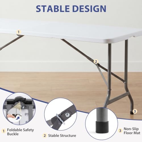 6 FT Folding Picnic Table, with 6 White Folding Chairs, alternate view 5