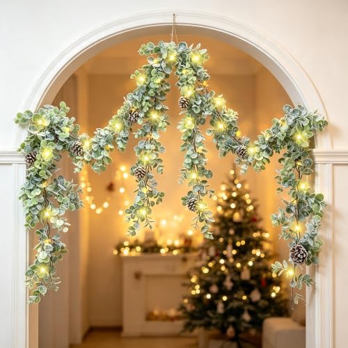 6 FT Lighted Christmas Eucalyptus Garlands, 2 Pack Artificial Greenery Garland with 20 Warm LED Lights with Star